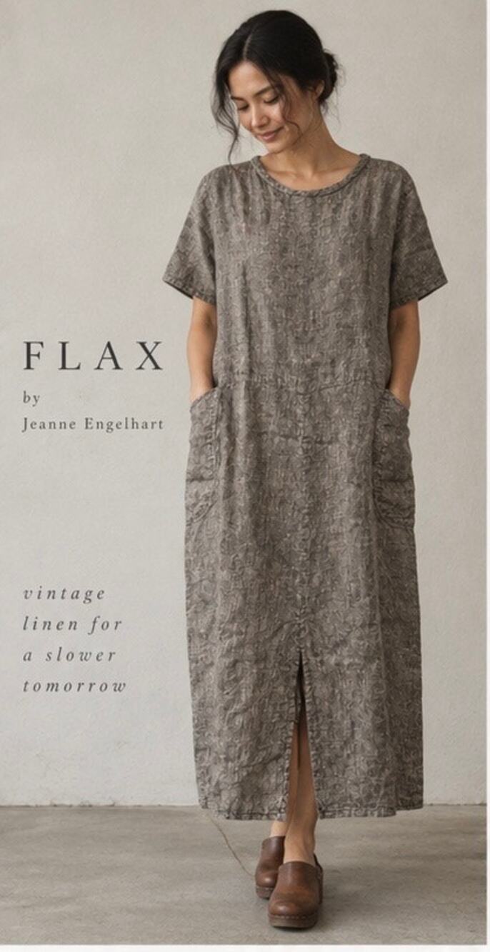 Vintage FLAX Jeanne Engelhart 100% Linen Shift Midi Dress L Natural Made in USA